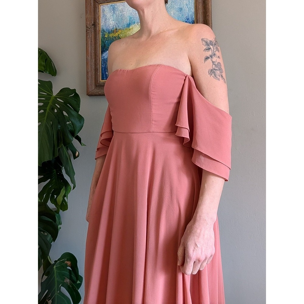 Lulus Abbington Gown Off Shoulder Flutter Sleeve Dusty Rose Chiffon Bridesmaid - Picture 5 of 16